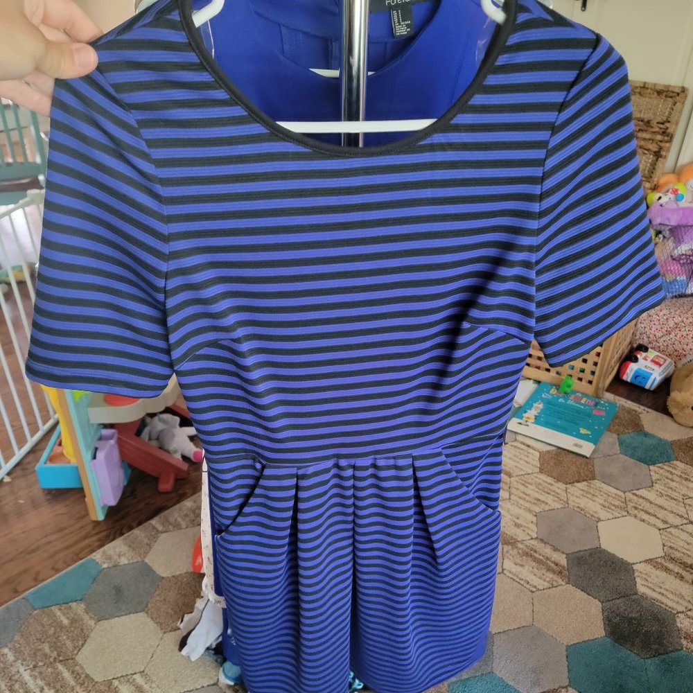 Blue/Black Striped Dress with Pockets & Zipper Back